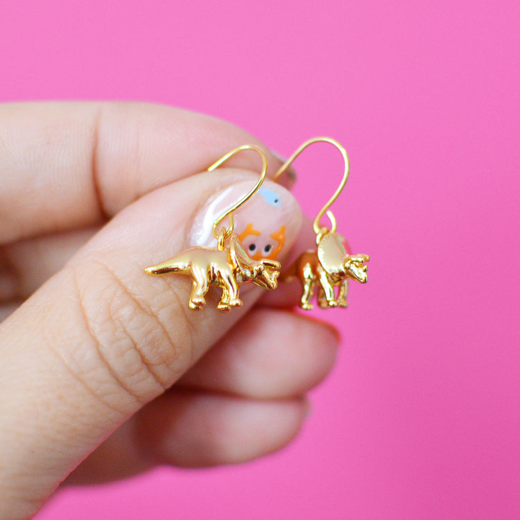 Triceratops Dinosaur Gold Earrings