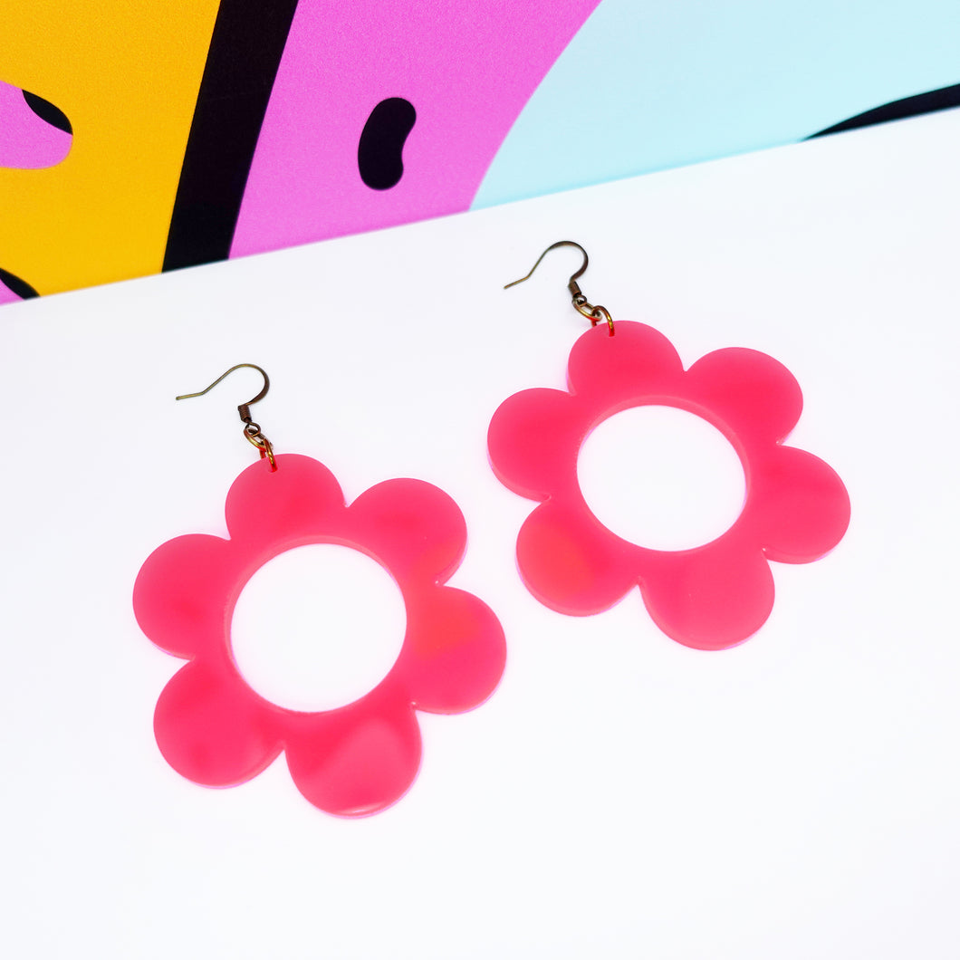 Neon Pink Daisy Statement Earrings