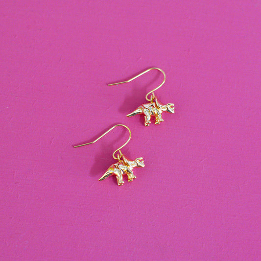 Triceratops Dinosaur Gold Earrings