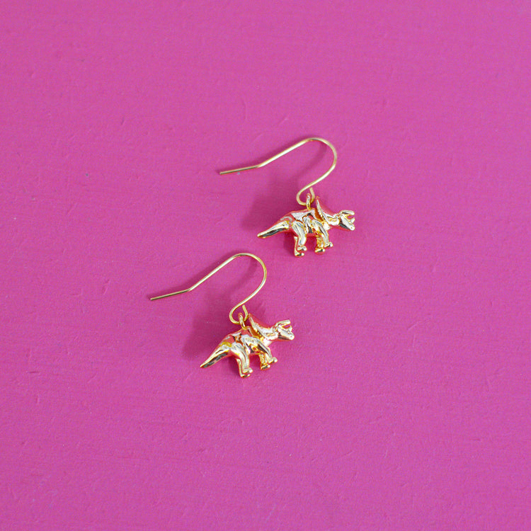 Triceratops Dinosaur Gold Earrings